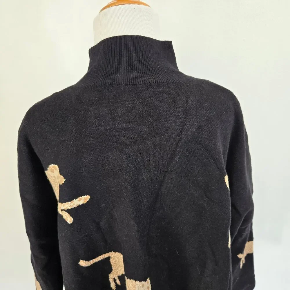 Entro Oversized Cheetah Sweater Black Mock Neck Novelty Animals Women Small